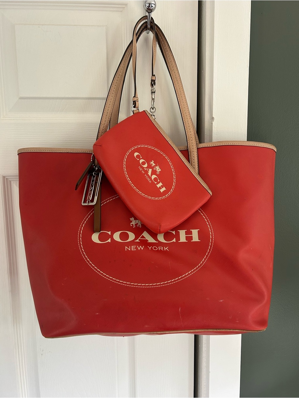 Coach Red Tote with Tan Handles and Matching Pouch